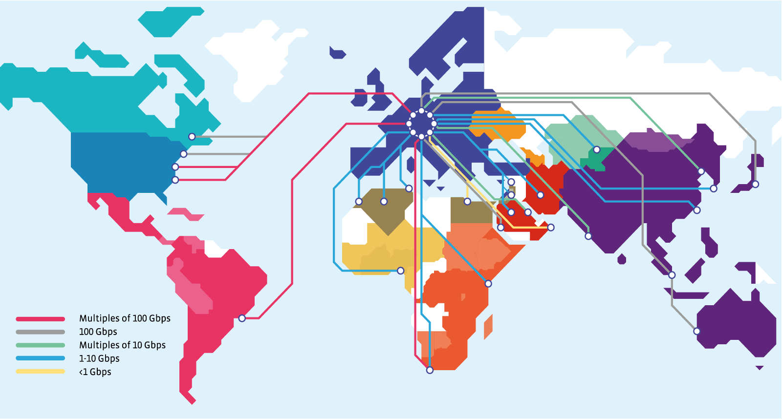 GÉANT global connectivity map: Das Backbone-Netz GÉANT verbindet europäische und weltweite NRENs (National Research and Education Networks) miteinander | Quelle: GÉANT Association