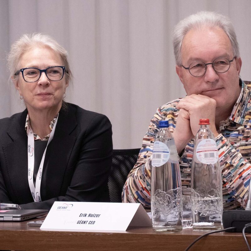 New CEO Lise Fuhr and former Erik Huizeron the podium. Photo: GÉANT